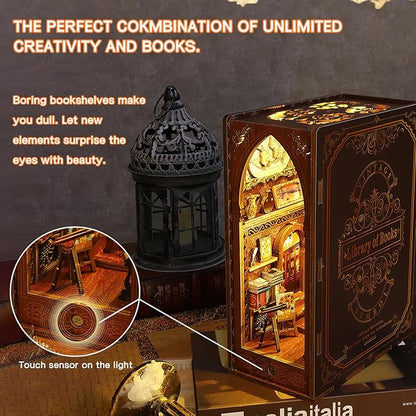 Book Nook Kit, DIY Dollhouse Booknook Bookshelf Insert Decor Alley, DIY Book Nook Miniature Kit with Lights, 3D Wooden Puzzle Decorative Bookend Miniature Model Kits for Kids/Adults