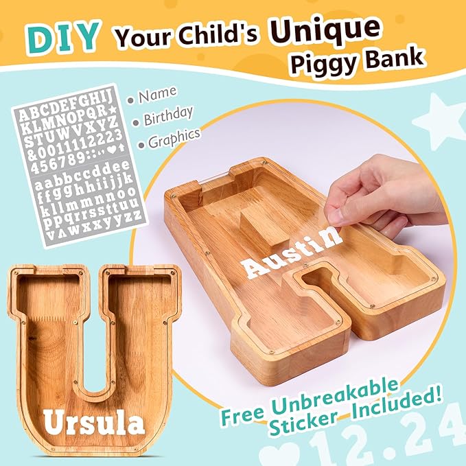 SummiDate Wooden Letter Piggy Bank| Piggy Bank for Boys Girls Toddler| Alphabet U Money Bank| Coin Bank Birthday Gift for Kids|Birthday Gift for Kids (U)