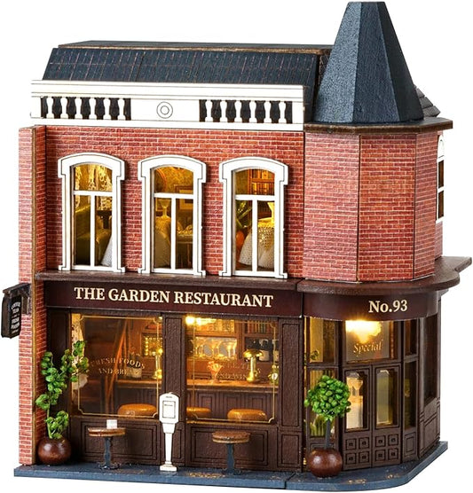 DIY Miniature House Kit, CUTEROOM Wooden Dollhouse Kit Mini House Making Kit with Furnitures, DIY Dollhouse Kit Birthday Gift (Garden Restaurant), D016-US