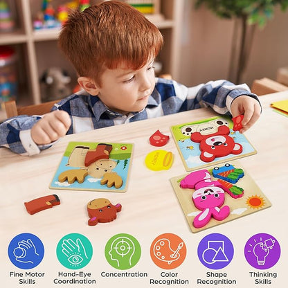 BenBen Wooden Puzzles for Toddlers 1-3, 8 Pack Animal Puzzles for Toddlers 2-4, Montessori Toys for 1 2 3 Year Old Boys Girls, Learning Educational Preschool Toys