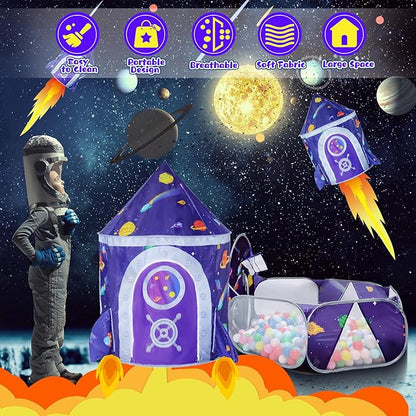 3pc Space Ship Kids Play Tent, Crawl Tunnel, Ball Pit for Toddlers, Indoor Outdoor Playhouse Castle Toys, Baby Boys Girls for 3 4 5 6 7 Years Old (Balls Not Included)