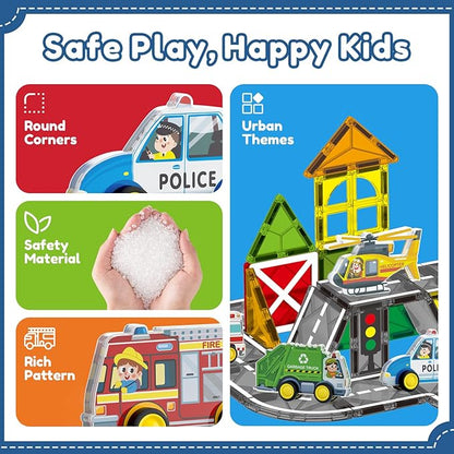 Oriate Rolling City Vehicle for Magnetic Tiles, Free Wheels Rescue Toy Cars Compatible with Road Magnet Tiles, Car Toys for Kids Urban Road Traffic Magnetic Tiles Toys, Educational Gift Boys Girls