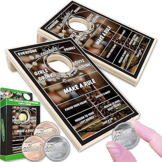 Coinhole Desktop Coin Bouncing Party Game Set | Tabletop Cornhole Board Game | Small Cornhole Travel Game Includes Coins