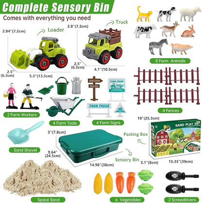 Farm Sensory Bin, Farm Sensory Kits Toy with 2.2lbs Play Sand, 31pcs Animals Trucks Creativity Magic Sand Box with Lid, Christmas Birthday Gift for Boys Kids Toddlers Ages 3 4 5 6 7 8
