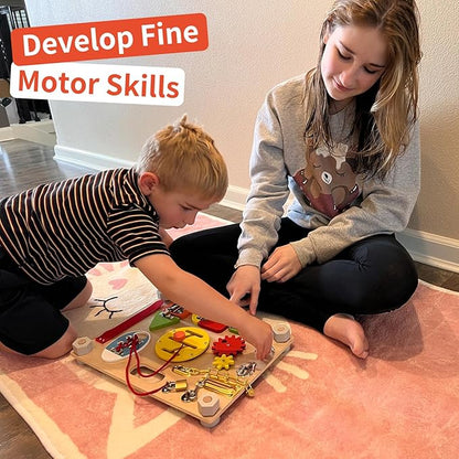 Double-Sided Montessori Busy Board for Toddlers 3-5, Train Babies Fine Motor Skills, Toddler Boy Toy of Sensory Activity Board, Wooden BusyBoard for 3+ Year Old Kids Birthday Gift