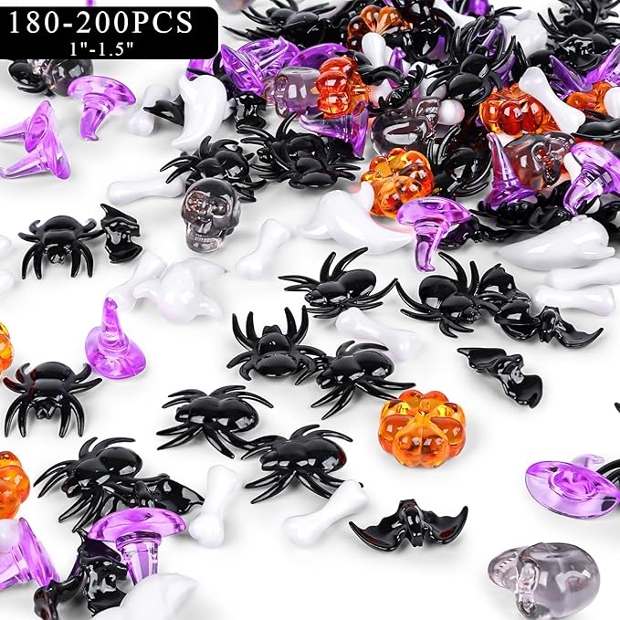FUTUREPLUSX 180-200PCS Halloween Vase Filler, Halloween Sensory Bin Filler, Assorted Plastic Pumpkins, Spiders, Skulls, Bats, Ghosts & Witch Hats – Spooky Party Decorations, Classroom & Home
