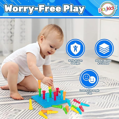 Play Build Peg Board Toy for Kids, 25 Colorful Pegs with Foam Board, Stacking Pegboard Set, Toddler Learning Toys for Ages 3+, Montessori, Educational, Therapy Toy for Boys & Girls