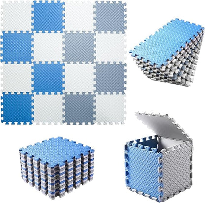 Foam Floor Mats for Kids, 12 x 12 Inch 16 Tiles 0.4" Thickness Foam Play Mat, Non-Toxic Square Interlocking Floor Mats Rubber Baby Play Mat for Toddlers(White/Gray/Gray Blue)