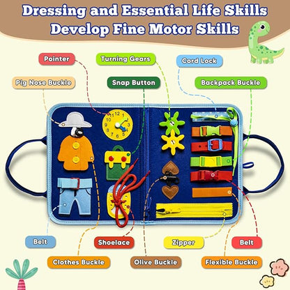Montessori Busy Board for Toddlers 1-3, Sensory Educational Activities Board for Learning Fine Motor Skills, Travel Toys for Airplane Car, Gift for Girls Boys 2-4 Years Old (Dinosaur)