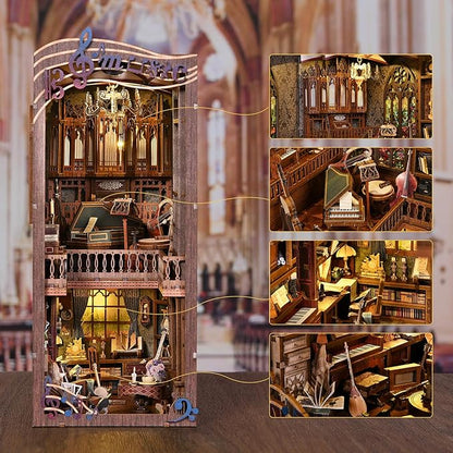 fifijoy Book Nooks, DIY Miniature Book Nook Kit Music, 3D Wooden Puzzle Bookends for Bookshelf Insert Decor with Led Light for Teens and Adults (Timeless Melody)