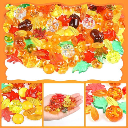 150pcs Fall Vase Filler for Thanksgiving Fall Sensory Bin Filler Acrylic Pumpkin Leaves Gems Corns Gems Acorns for Centerpieces Table Fall Sensory Bin Filler Autumn Thanksgiving Home Decoration