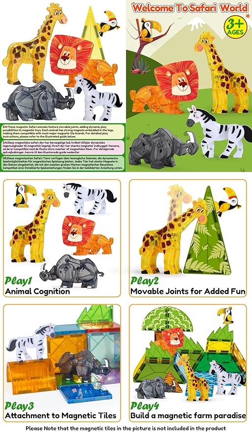 Oriate Magnet Safari Animals for Magnetic Tiles, 5pcs Zoo Animal Toys for Magnetic Blocks, Movable Joint Magnet Safari Animals Figures Compatible with Magnetic Building Tiles for Kids Magnetic Tiles