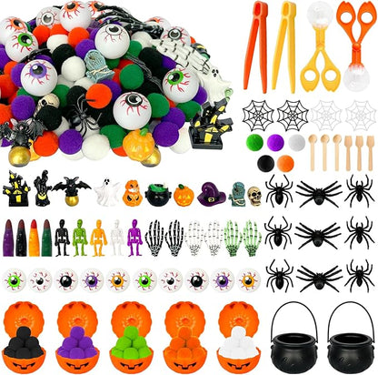 243 Pcs Halloween Sensory Bin Filler Sensory Bin Items Fine Motor Tools Counting Sorting 150 Pom Pom 75 Resin Pumpkin Witch Hat Skeleton Hand Ghost for Halloween Sorting Counting Training
