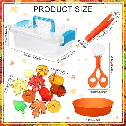 147 Pcs Fine Motor Toys Counting Sorting Fall Decorations, Sensory Bin Filler, 135 Acrylic Fall Leaves Pumpkin 4 Tweezers 2 Scissors Clips 5 Cups Storage Box for Fall, Autumn Thanksgiving Decor