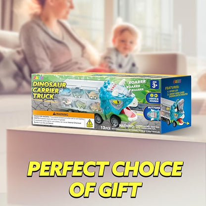 JOYIN 13 in 1 Dinosaur Toys for Kids 3-5, Triceraptor Dinosaur Truck with 12 Pull Back Cars, Birthday Gifts Toys for 3 4 5+ Year Old Boy, Transport Carrier Truck for Toddlers 3-4 Years