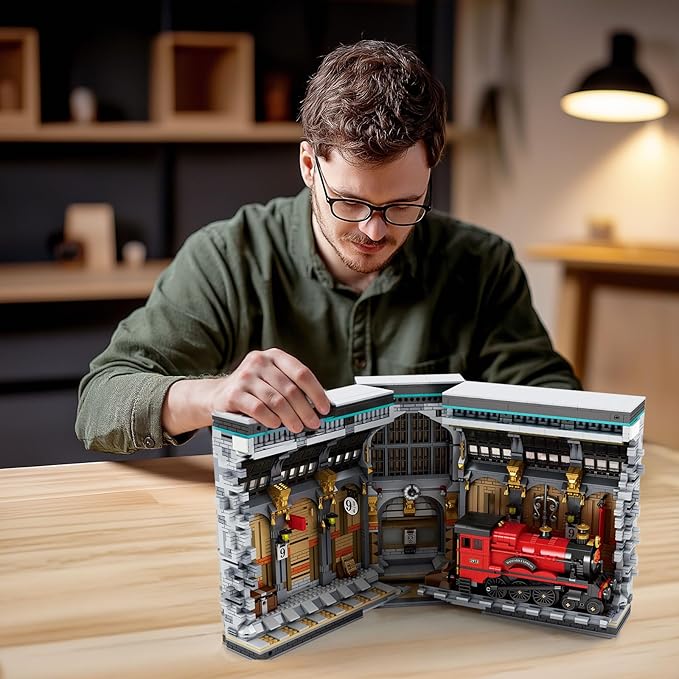 Reobrix Magic Train Booknook Building Set with Lights, Creative Bookends Building Kit 66031, Bookshelf Home Decor, 2795 PCS Book Nook Model Toy Kit, Gift for Teens 14+ and Adults