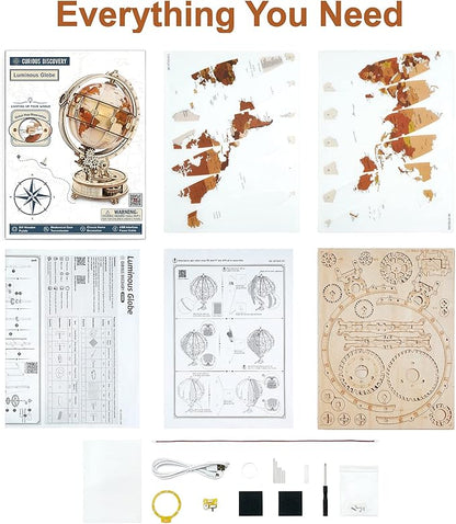 ROBOTIME ST003 Luminous Globe - Wooden 3D Puzzles for Adults with LED Light - Globe Model Building Kit for Teens & Adults