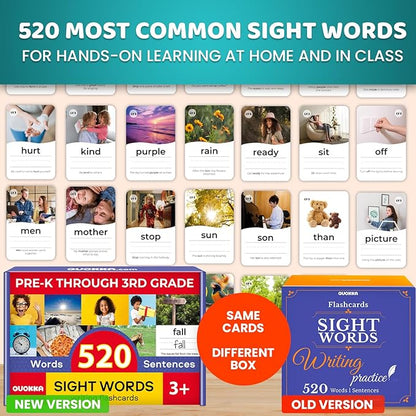 QUOKKA 520 Sight Words Flash Cards for Kids Adults – from Pre-K to 3rd Grade – 5 Levels & Bold Font & Jumbo Size & Dry Erase Cards with Realistic Images & Rings – Based on Dolch & Fry Word Lists