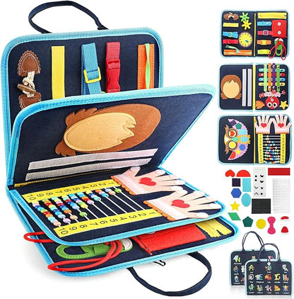 Toddler Busy Board, Montessori Sensory Toys for Boys, 1-4 Year Old Girl Toddler Travel Toys, Educational Learning Activities Board for Motor Skills, Birthday Gifts for Airplane Car, Blue Dinosaur