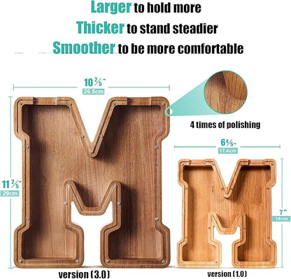 Summidate Customized Name Large Wooden Piggy Bank for Kids Boys Girls Alphabets Letter A-Z Coins Bills Money Change Bank Box Initial on Clear Cover (Laser Engraved) (Alphabet-M, Personalized-12)