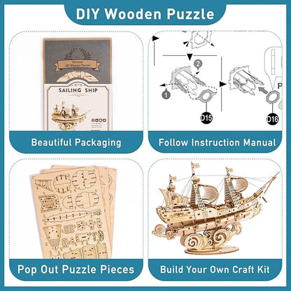 RoWood 3D Wooden Puzzle for Adults, Vintage Wooden Watercraft Model Sailboat Kit to Build, Best Gift Ideas Crafts Kit for Adults - Sailling Ship