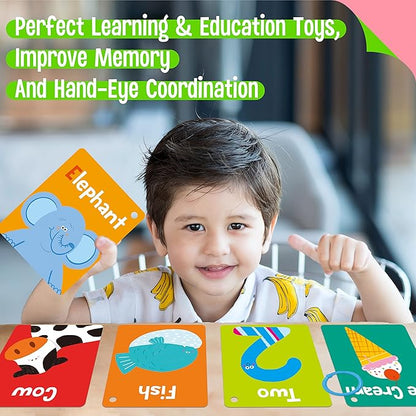 50 PCS Kid First Cognitive Flashcards,Double Sided Printed 7 in 1 Colorful Cards Alphabet,Numbers, Foods,Animals,Shapes,Colors with 3 Reclosable Rings,Learning Tool for Pre-K Kindergarten Toddlers