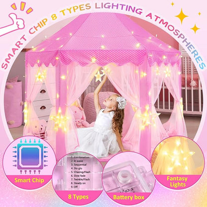 EVOIONOS Princess Tent for Girls, Castle Tent for Girls, Princess Castle Play Tent with Large Star Lights, Kids Tent Indoor Playhouse, Pink Girls Tent, 55 x 53 inches