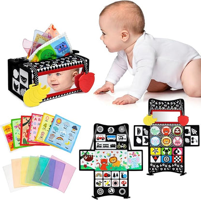 Dr.Rapeti Tummy Time Mirror, Tissue Box Toy, 3in1 Black and White High Contrast, Double-Sided Foldable Sensory Montessori Toy, Crinkle Silk Scarves Teethers 0-6 6-12 Month Newborn Infant Baby