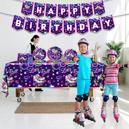 Roller Skating Party Supplies,142Pcs Roller Skating Party Decorations Tableware Set Include Plates Napkins Cups Banner Tablecloth for Let's Roll Birthday Birthday Party Decorations, Serve 20