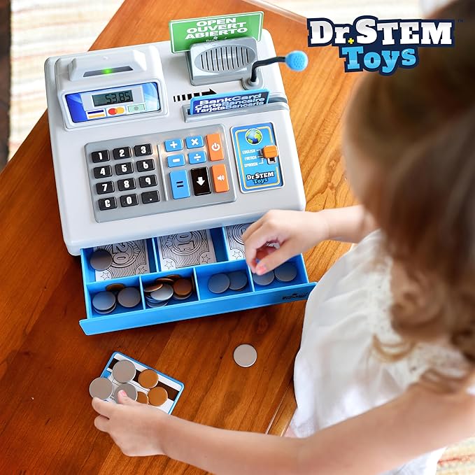 Dr. STEM Toys | Talking Toy Cash Register | STEM Learning 69 Piece Pretend Store with 3 Languages, Paging Microphone, Credit Card, Bank Card, Play Money and Banking for Kids (Silver)