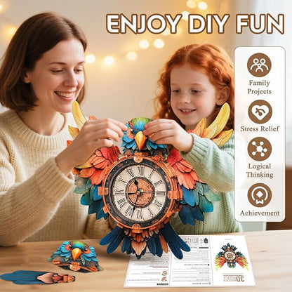 3D Puzzle for Adults Clock - Parrot Wall Clock Design Model Kit-Mechanical DIY Pendulum Clock with Roman Numerals- Desk Home Office Decor Personalized Gift for DIY Lovers