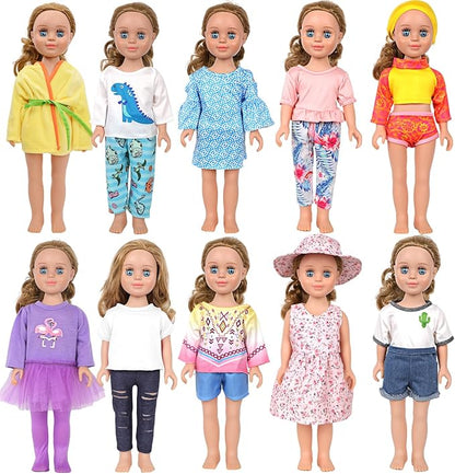 MSYO 10 Sets (19 Pcs) Doll Clothes for 17-18 Inch Dolls, Diverse Outfits (Dinosaur Print, Flamingo Top, Floral Dress) & Casual Wear, Fashion Dress-Up Set for Kids’ Play & Gifting