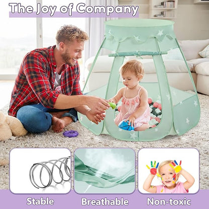 Baby Ball Pit for Toddler with 150 Balls, Kids Pop Up Play Tent for Girls, Princess Toys for Children Indoor & Outdoor Playhouse with Carry Bag (Celadon: Pink/White/Gray, 109x90cm/150 Balls)