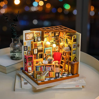ROBOTIME DIY Miniature House Kit Miniature Dollhouse Kit Tiny House Kit for Adults Library House Kits Best Birthday Gifts for Teens(Sam's Study)