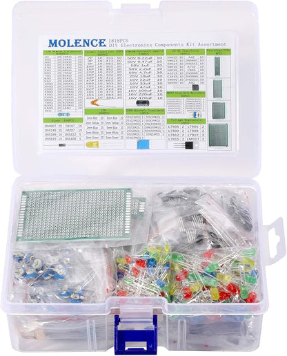 DIY Electronics Components Kit Assortment, Resistors 1818PCS, LED, Triode, Capacitors, Diodes, PCB, Potentiometer, Variable Resistance, Stabilivolt for Arduino UNO MEGA2560 Raspberry Pi MCU