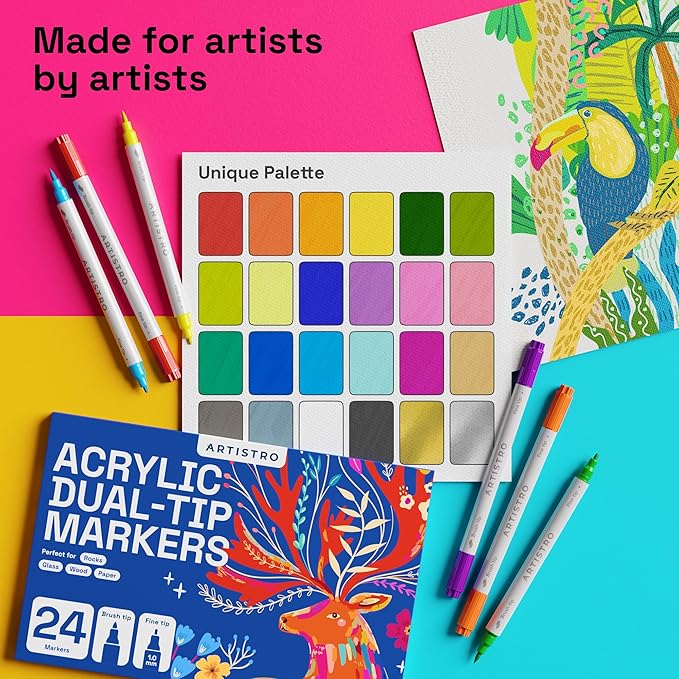 ARTISTRO 36 Dual Tip Brush + Fine Acrylic Paint Pens Ideal for Calligraphy - Paint Markers for Fabric, Rock, Glass, DIY - Stocking Stuffers, Christmas Gift Idea for Teens, Grandkids, Kids