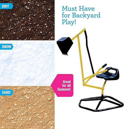 Ride on Crane Digger w Safer Stabilizing Base- Kids Outdoor Digging Excavator Play Toy-100lb Capacity- Swing & Scooper Grab Function, 360 Degrees Rotation Seat- Backyard Sandbox, Dirt, Snow- Xmas Gift