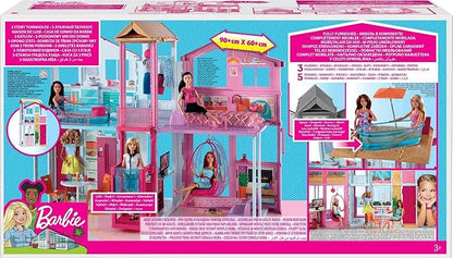 Barbie 3-Story Townhouse Dollhouse with Elevator, Swing Chair, Furniture and Accessories, Fold for Portability and Travel (Amazon Exclusive)