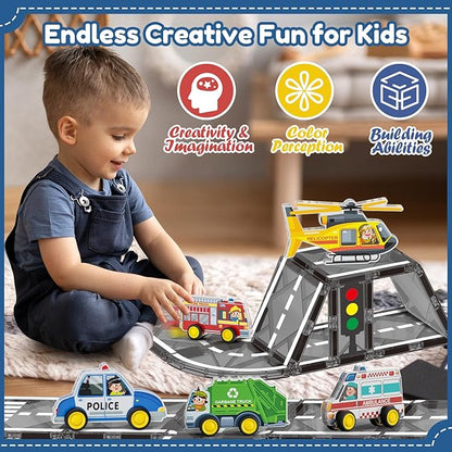 Oriate Rolling City Vehicle for Magnetic Tiles, Free Wheels Rescue Toy Cars Compatible with Road Magnet Tiles, Car Toys for Kids Urban Road Traffic Magnetic Tiles Toys, Educational Gift Boys Girls