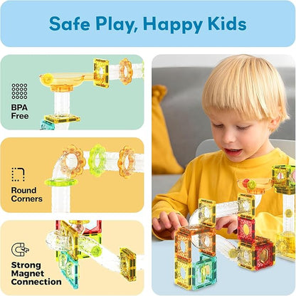 PicassoTiles Magnet Tile Building Block 80pc Marble Run Race Track Travel Size Pretend Play Toy With Launcher Lifter STEM Education Learning Magnetic Tiles Construction Kit School Boys Girls 3+ PTMG80