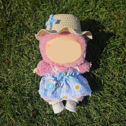 17cm Doll Clothes Set, Cute Girls Outfits and Straw Hat, 4 PCS Cute Hat & Blue Dress Set Stylish Outfits Exquisite Accessories