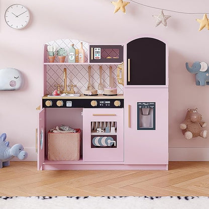 Treocho Play Kitchen for Kids, Wooden Toddler Kitchen Set with Storage, Modern Design Toy Kitchen with Faucet&Sink, Stove, Chalkboard, Icemaker and Various Accessories for Kids Ages 3+, Pink