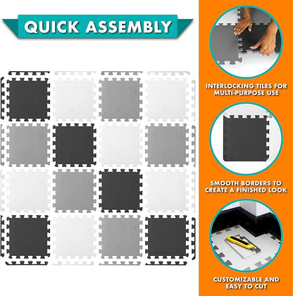 ProSource Foam Puzzle Floor Play Mat for Kids and Babies with Solid Colors, 36 or 16 Interlocking Tiles with Borders, Black/Grey/White