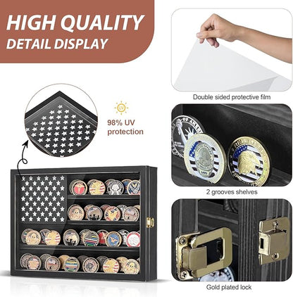 Challenge Coin Display Case, Lockable Solid Wood Military Coin Holder Cabinet with Star Flag Board and Anti-Fade Acrylic Front, Wall Mounted 4-Tier Coin Collection Shadow Box Rack (Black)
