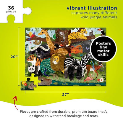 Crocodile Creek 36-Piece Jigsaw Floor Puzzle - Fun Floor Puzzles for Kids Ages 3-5 - Heavy-Duty Shaped Box for Storage - Jungle Friends - 27" W x 20" H Finished