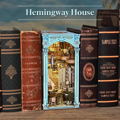 𝗠𝗶𝗻𝗶𝗖𝗶𝘁𝘆 Book Nook Kit, DIY Miniature Dollhouse Booknook Bookshelf Insert Decor, 3D Wooden Puzzles with LED Light for Teens and Adults(Hemingway House)