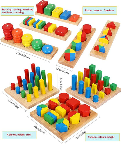 TOWO Wooden Geometric Shapes Stacking Rings and Fractions Boards 8 in 1 Set Puzzles- Shape Sorter Sorting Toy Stacking Game – Montessori Materials Educational Learning Toys for 3 4 5 6 Years