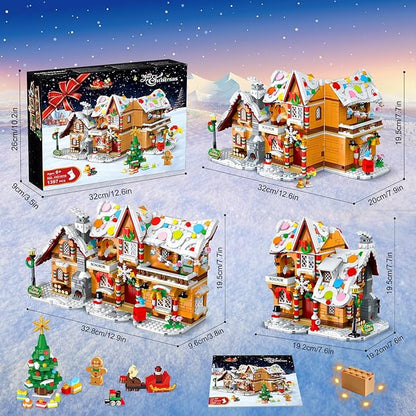 2025 Christmas 3 Style Gingerbread House Building Set with Light - 1477PCS Christmas Village Castle Building Block Toy with Santa Claus Xmas Tree Train for Adults Kids Girls Boys Ages 6+