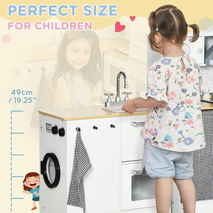 Qaba Kids Wooden Kitchen Playset with Sound Effects and Tons of Countertop Space, Wooden Corner Play Kitchen Set with Washing Machine, Imaginative Toy Pretend Restaurant, Ages 3-6, White