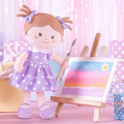 Onetoo Plush Rag Doll First Baby Doll Soft Baby Doll Sleeping Cuddle Buddy Doll for Girls Wear Purple Polka Dot Dress 14"（Milly Series）